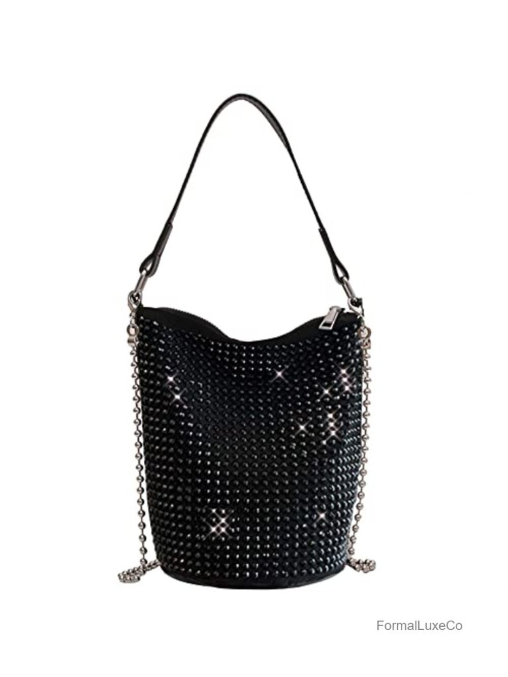 Rhinestone Rivets Bling Purse Faux Leather Bucket Hobo Bag